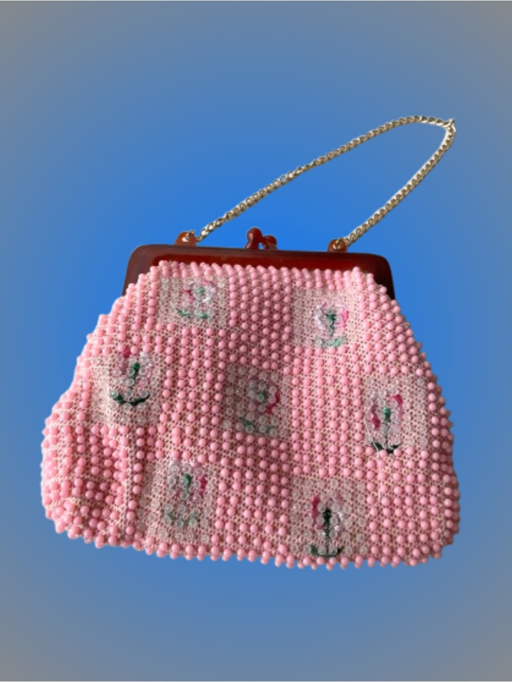 Vintage Lumured-style pink beaded purse w/ plastic kiss lock clasp